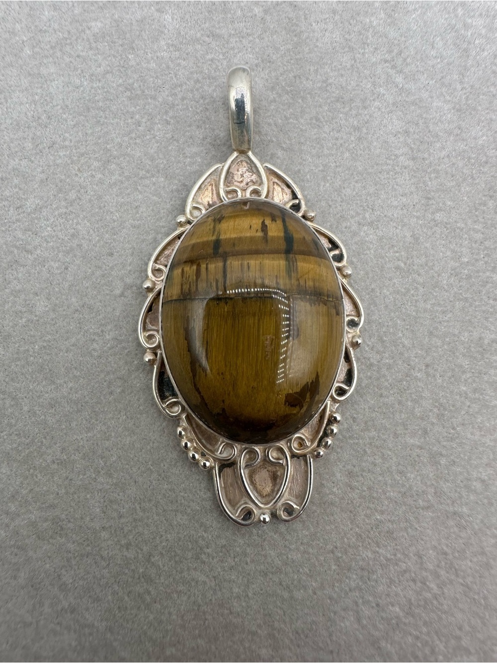 Vintage 925 Sterling Silver Large Oval Tiger's Eye Pendant Statement